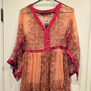 Chaudry KC Boho Empire Waist Dress V Neck Line Size Small New With Tags